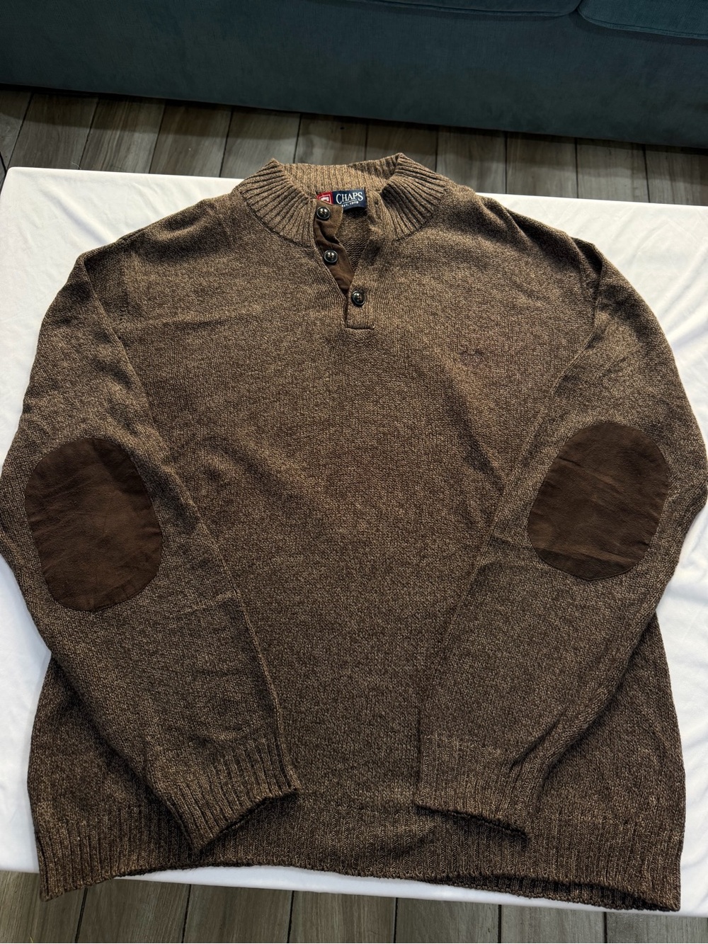 Chaps Men’s Sweater L Large Brown Marled Knit 100% Cotton Elbow Patch Mock Neck